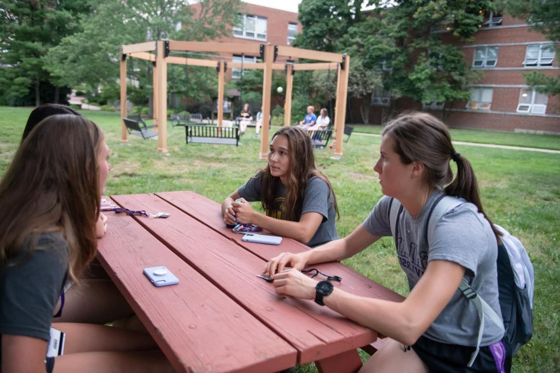 在冰淇淋社交会上，优等生坐在野餐桌旁